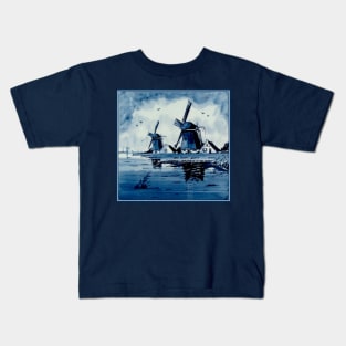 Dutch Blue Delft Windmills Vintage Print Kids T-Shirt